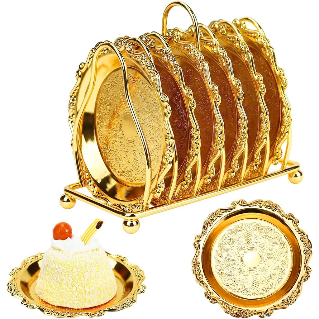 Supvox® Set of 6 Small Dessert Plates 3.9 inches Golden Dessert Plates with Golden Metal Stand Luxury Golden Embossing Dessert Plates for Party, Banquet, Birthday, Festivals