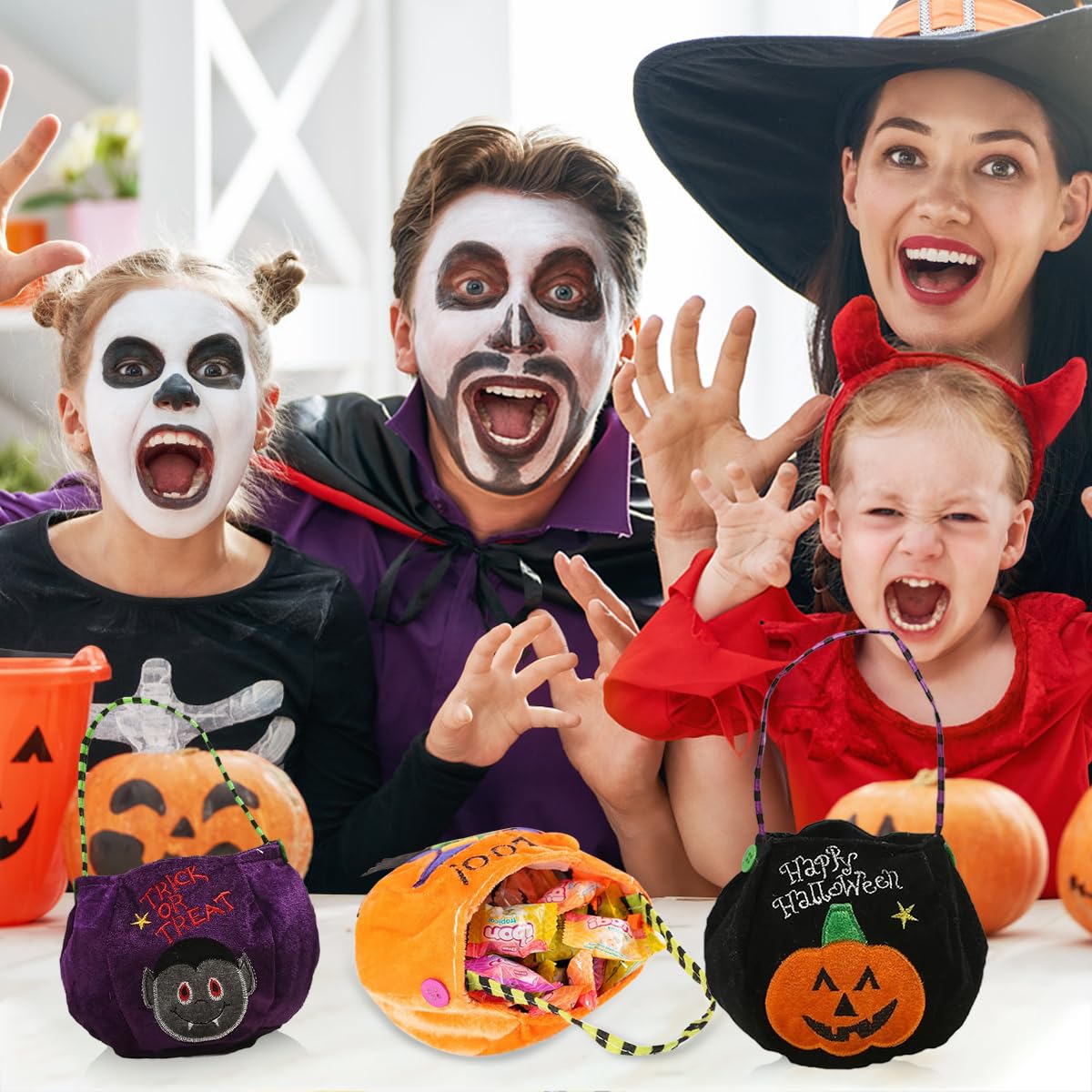 HASTHIP Halloween Candy Baskets for Kids with 20x13 cm Size and Velvet Fabric | Witch Cat Pumpkin Vampire Designs