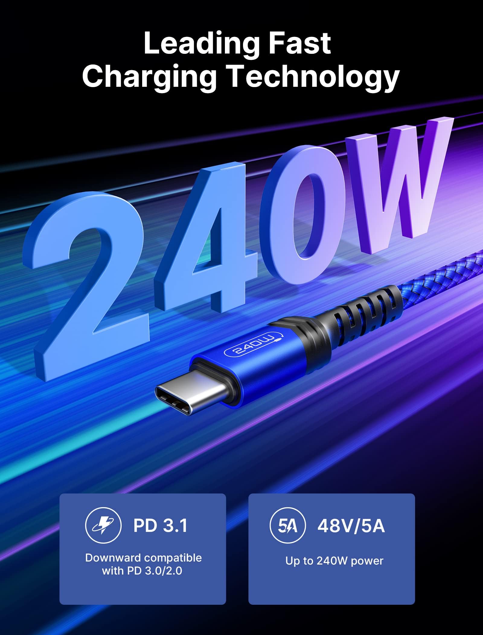 JSAUX Type C to Type C Cable for Fast Charging with 240W E-Mark Chip & Nylon Braid | 10FT