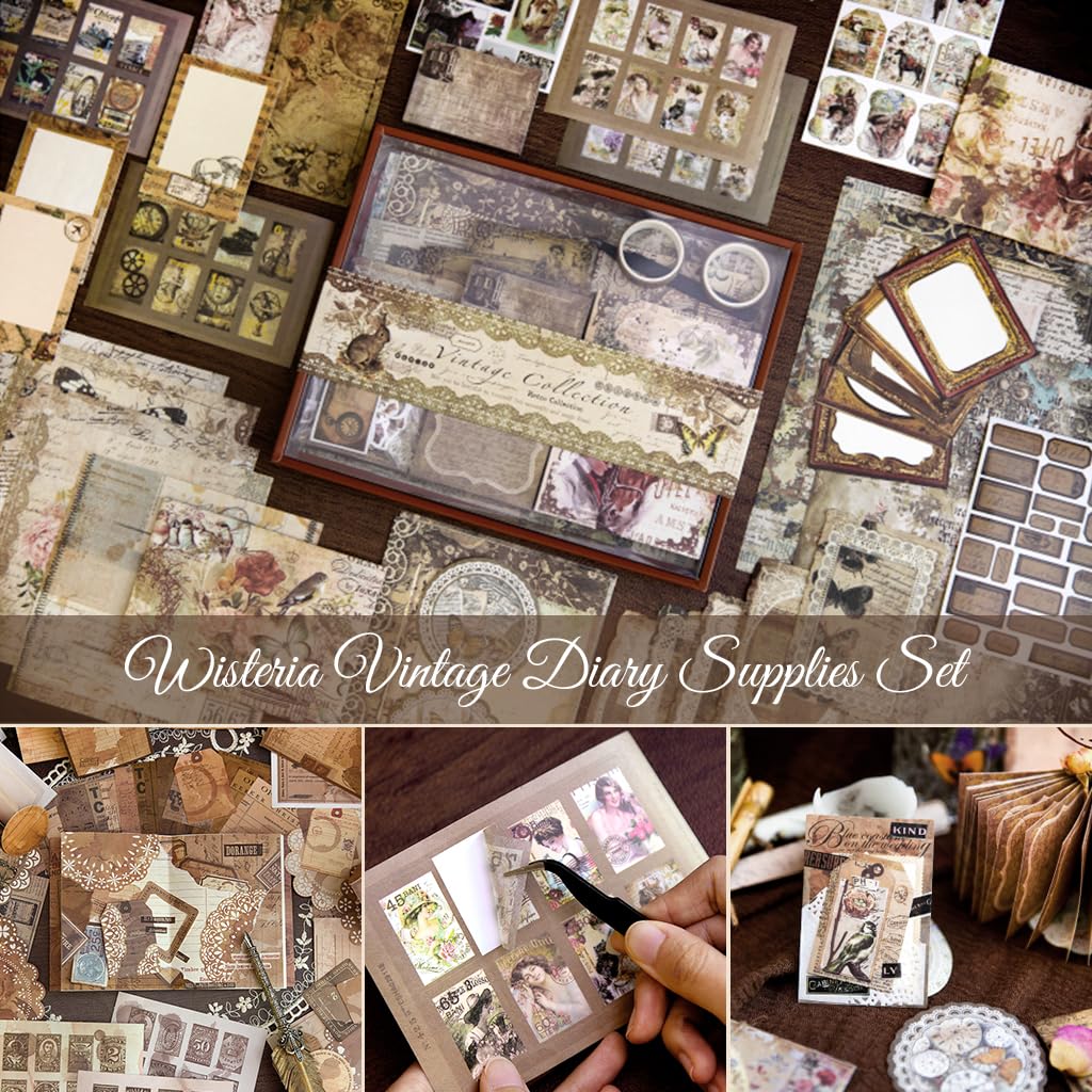 HASTHIP Vintage Journal Supplies Kit for Scrapbooking with 202 pcs A6 Notebook Set | Wisteria Flower Design