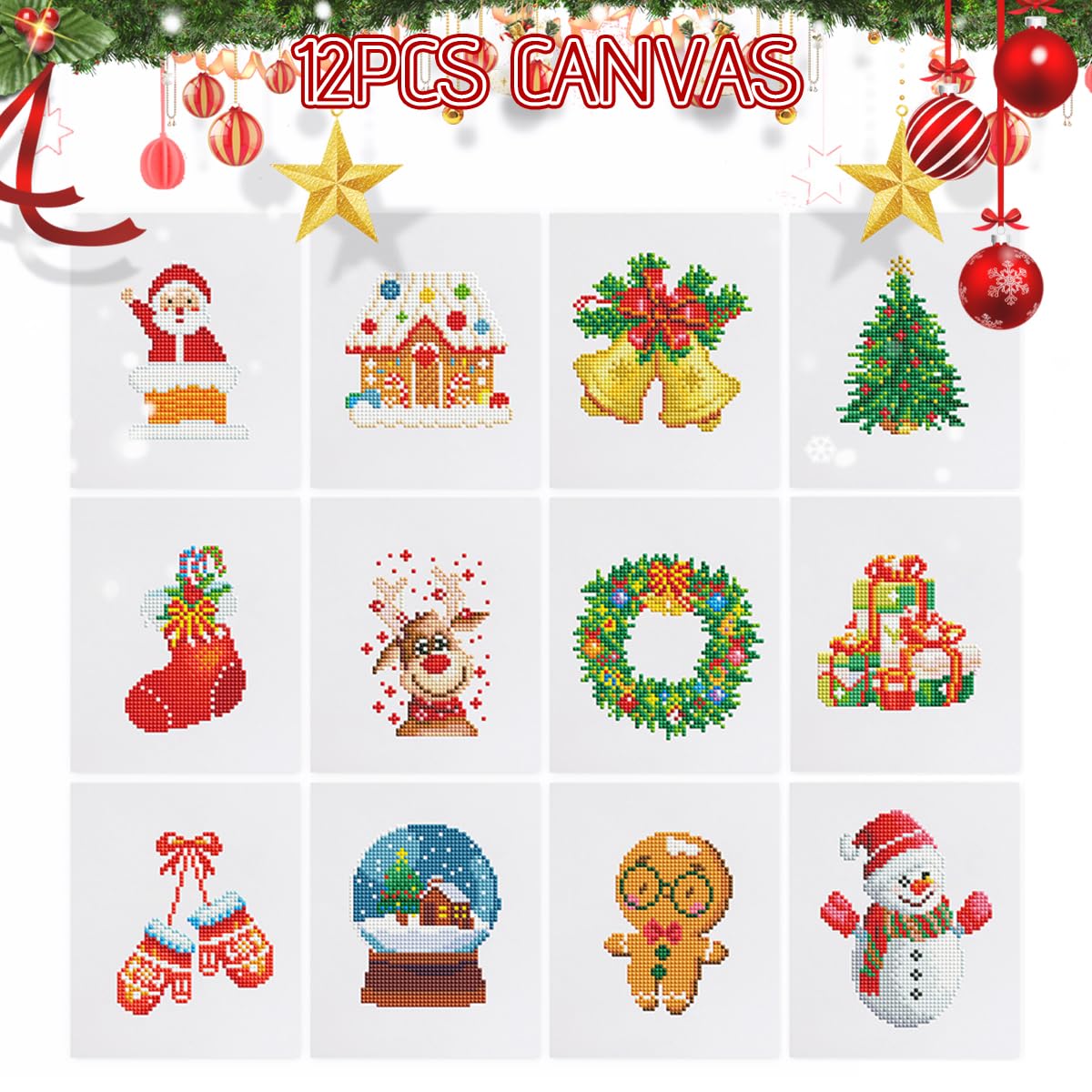 HASTHIP DIY Christmas Diamond Paint Craft Kit with 12 Designs 15x15cm Canvases | Beginner Set