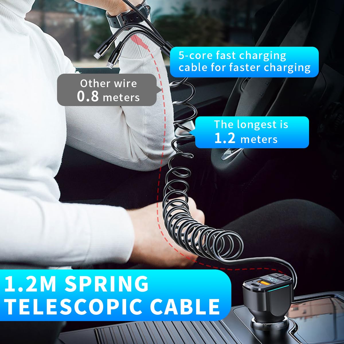 STHIRA Car Charger 6 in 1 Multi Port Fast Charger 65W with LCD Display and Coil Cord | USB C and USB A for 12V 24V Vehicles