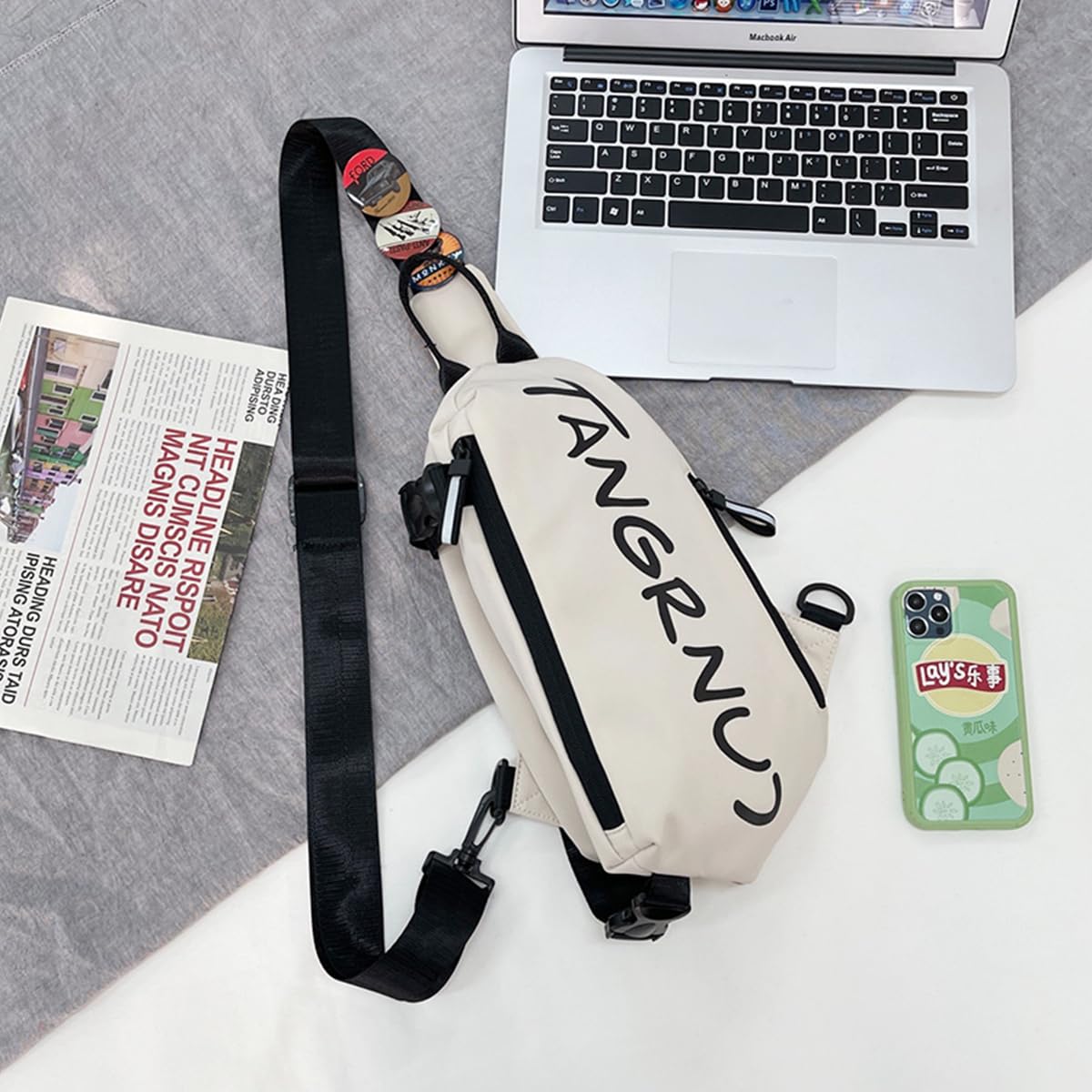 Gustave Crossbody Bag for Travel and Commuting with 9PCS Badges 13.5x5x3.5 in Nylon | Adjustable Strap for Men and Women