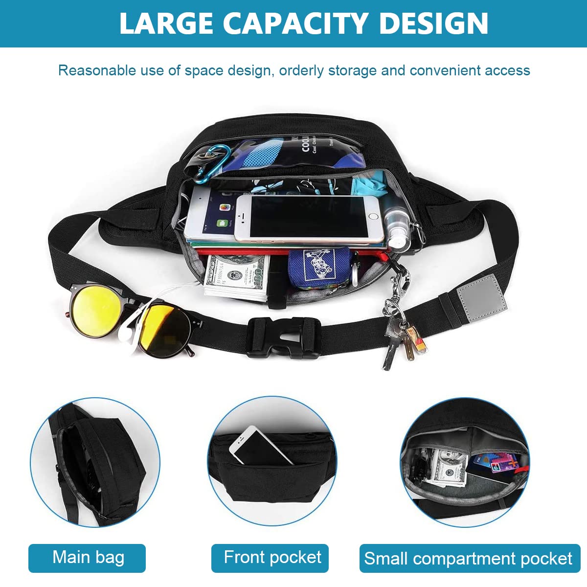GUSTAVE Waist Bag for Travel and Running featuring 17.5x5x4 in Capacity with Headphone Port | Waterproof Nylon Adjustable Reflective Strap