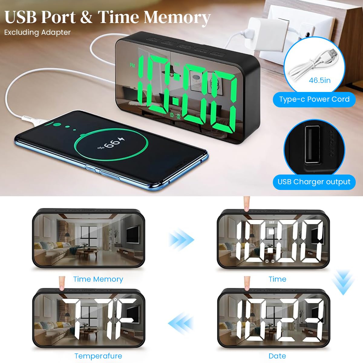 HASTHIP LED Digital Alarm Clock with 14 RGB Color Screen and Dual Alarm | USB Rechargeable Folding Nightlight