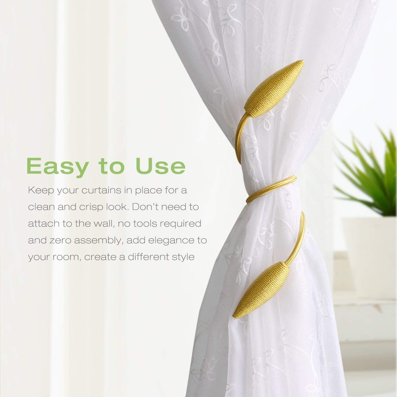 HASTHIP Curtain Tiebacks for Blackout Curtains with Strong Magnetic Hold 48cm Rope | Gold Decorative Drape Holders Pack of 2