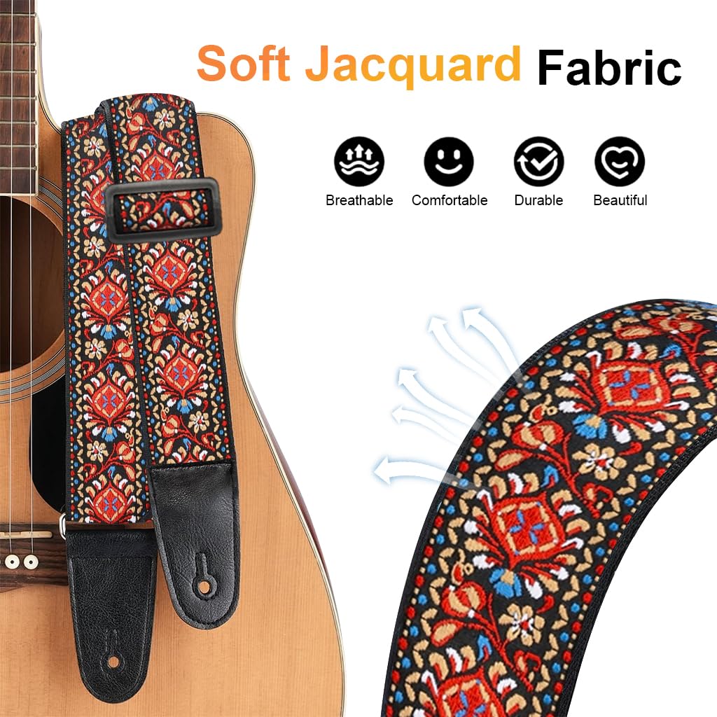HASTHIP Guitar Strap with Double-Sided Embroidery adjustable 34–41 in for Acoustic Electric Bass | Gift for Musicians