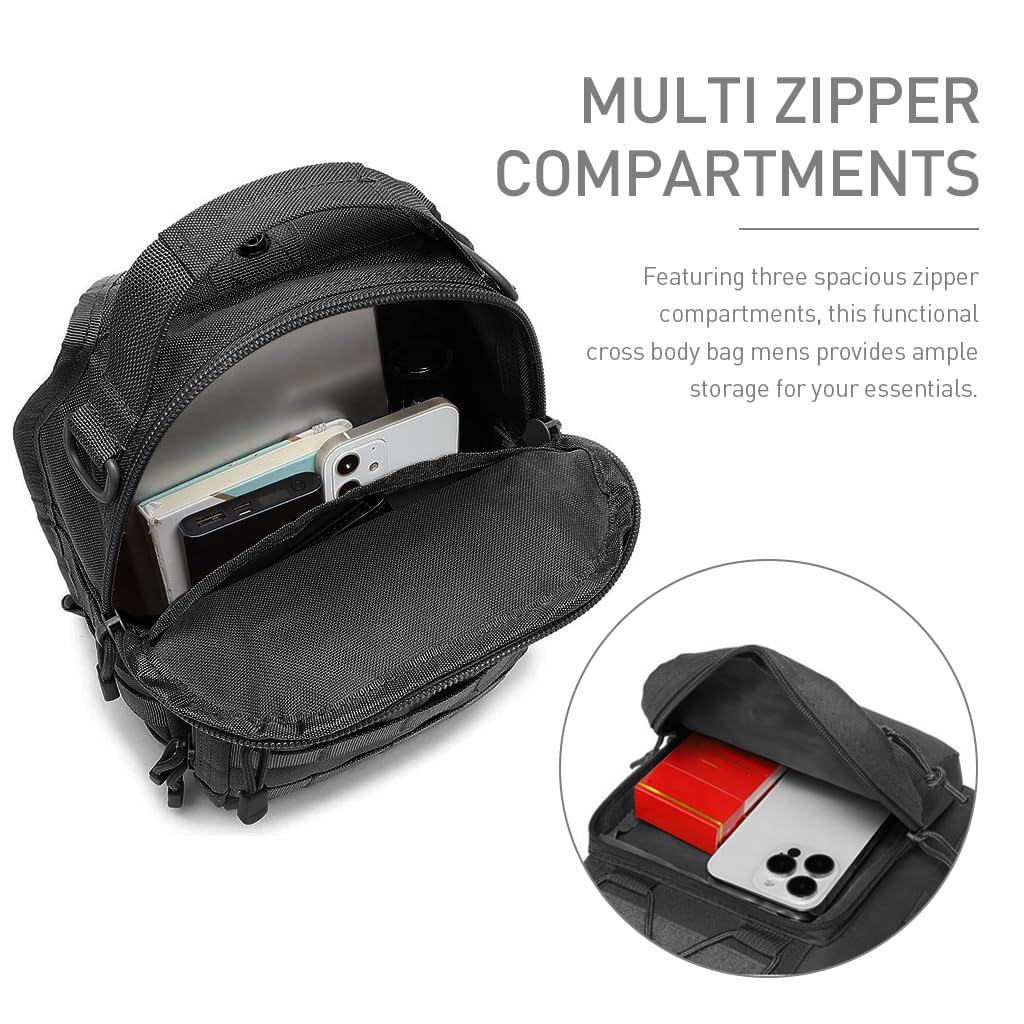 GUSTAVE Sling Bag for Men with Three Zipper Compartments and Removable Strap | Oxford Cloth Daypack for Hiking and Commuting