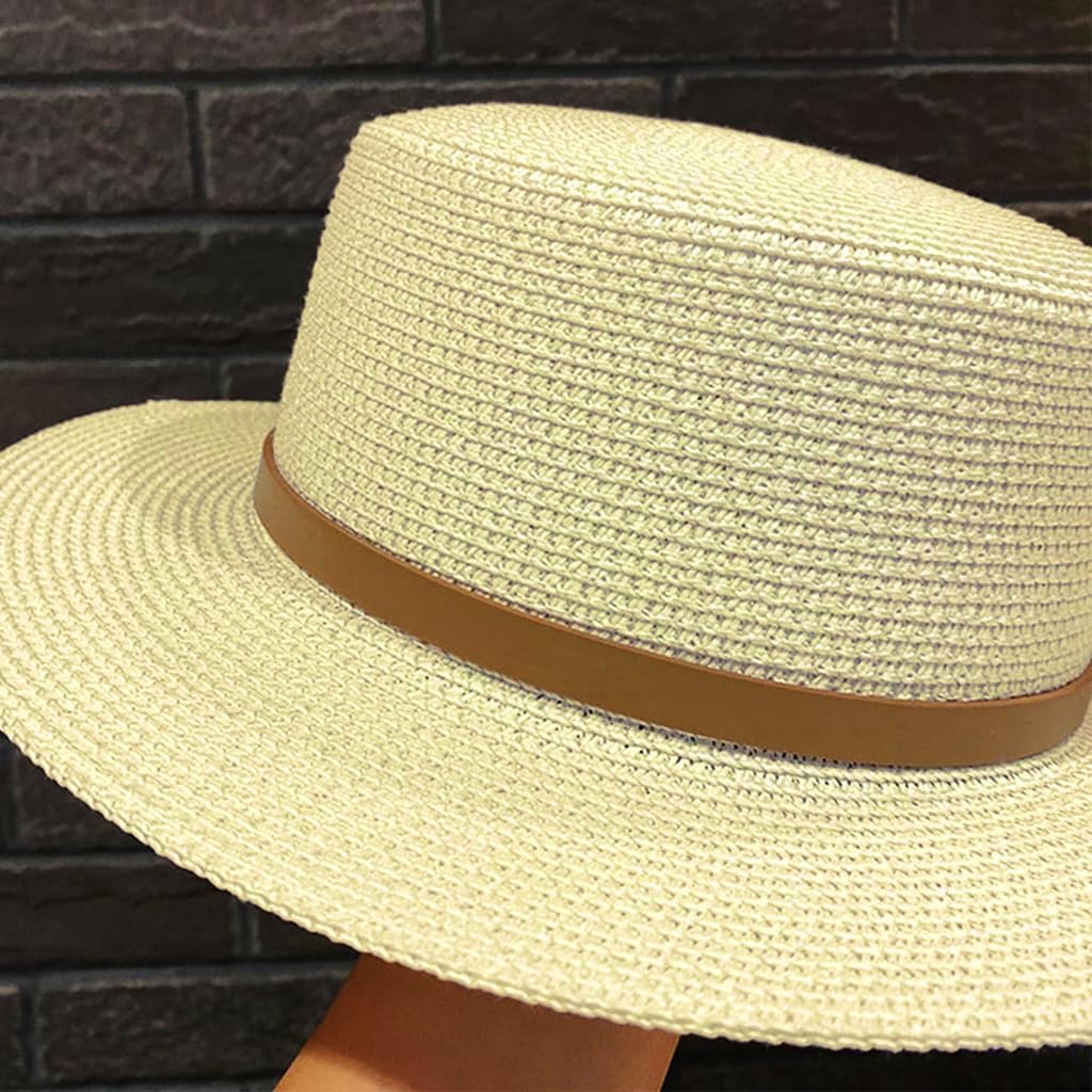 Venzina Straw Hat for Women featuring Leather Belt and Letter Charms 56–58cm Milk White | UV Protection Beach Hat