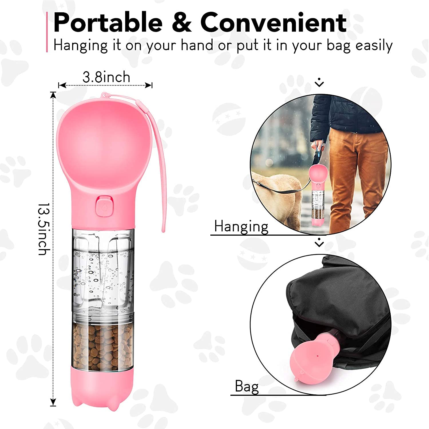 Qpets Dog Water Bottles Portable Leak Proof Dog Water Dispenser with Drinking and Feeding Function Lightweight Pet Water Dispenser for Walking and Travel for Dog, Cat 300ml(Pink)