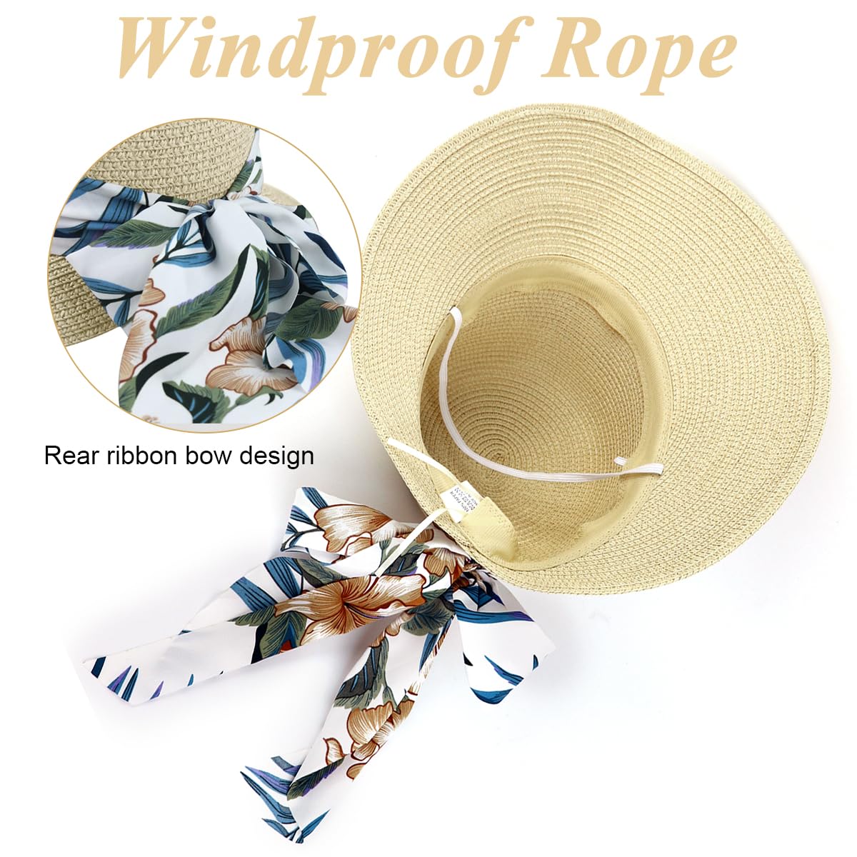 PALAY Straw Hat for Women featuring Wide Brim UV Protection and Floral Print Ribbon Beige