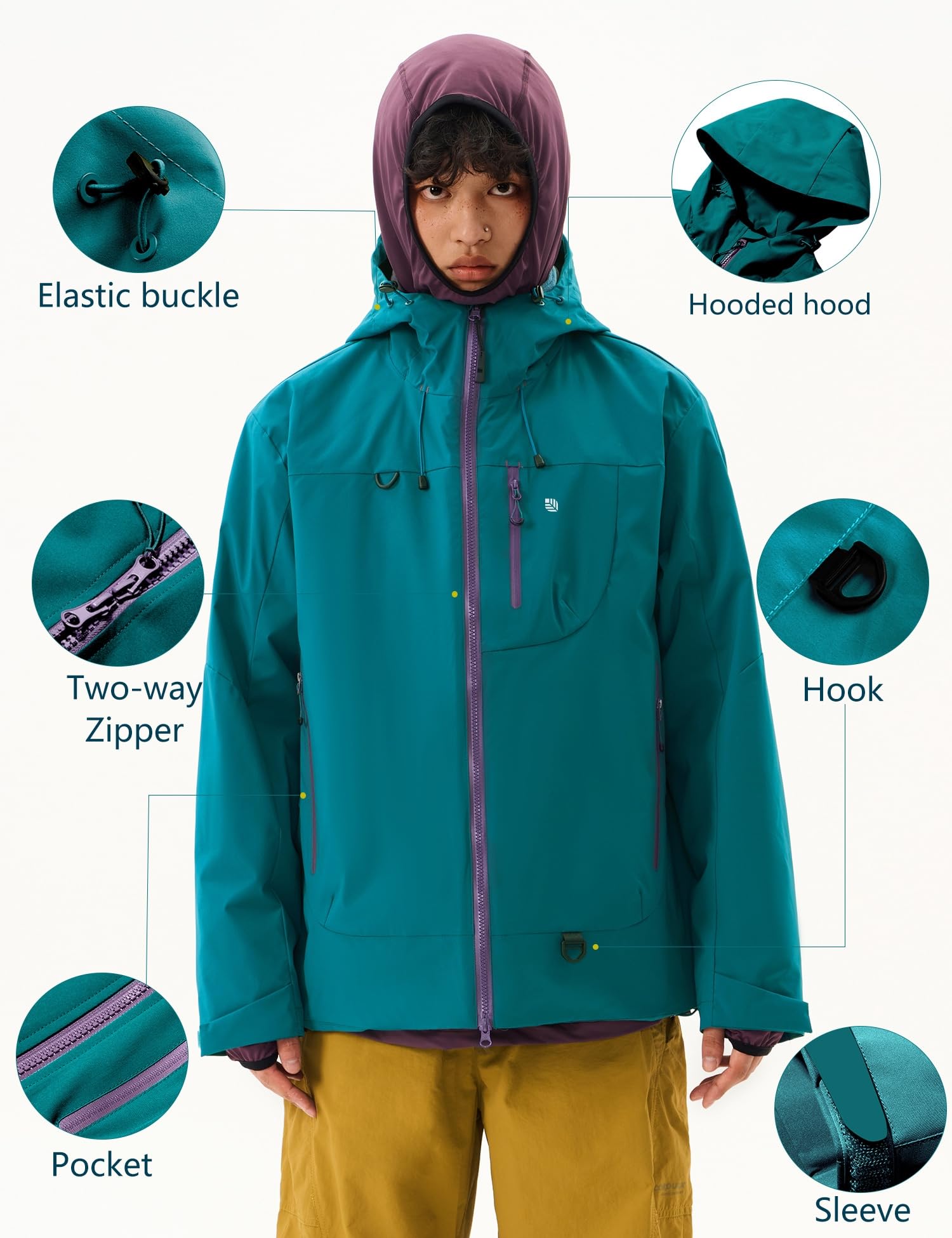 Venzina Men's Waterproof Rain Jacket for Urban Outdoor with Color Block Design | Breathable Windbreaker in Peacock Blue