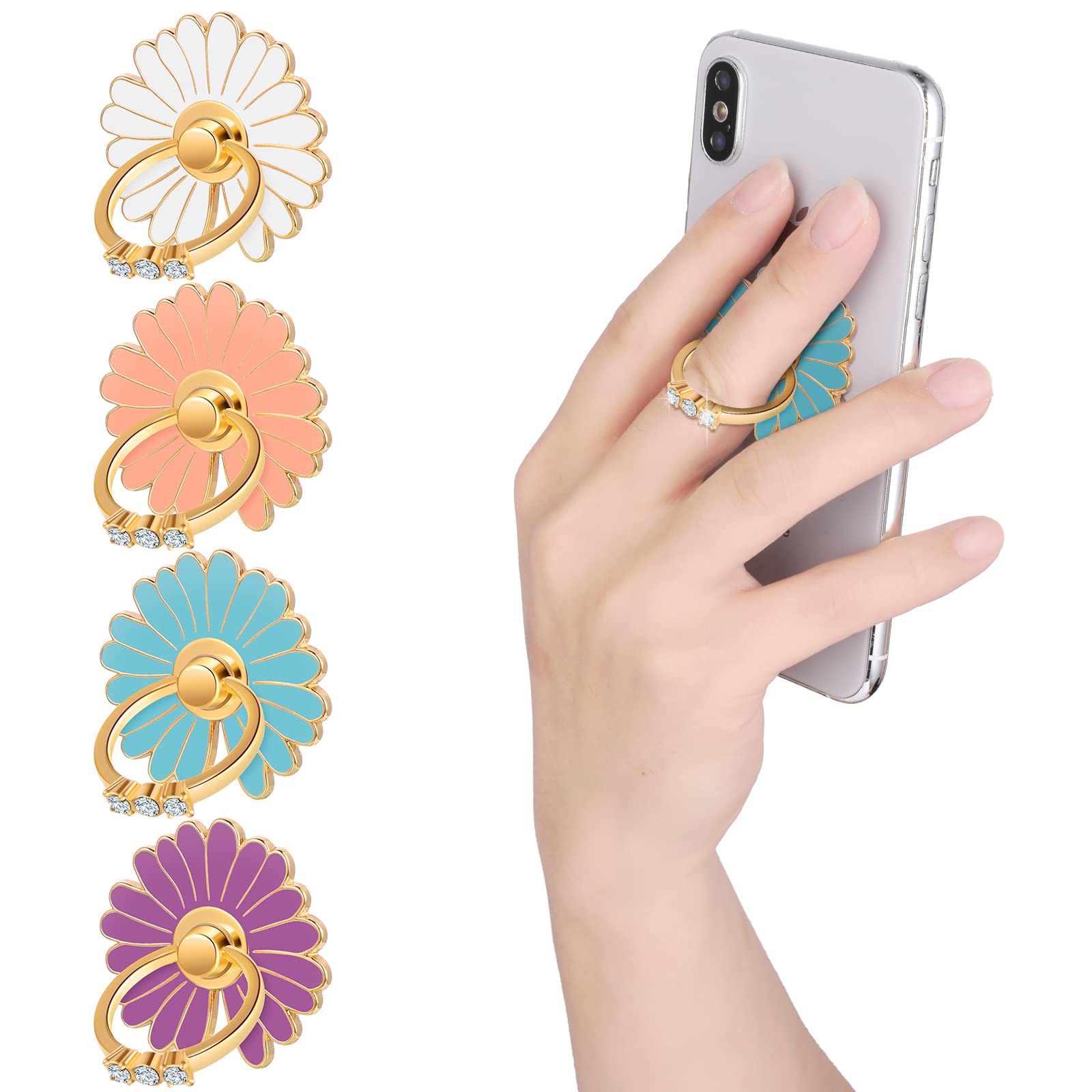 ZORBES® 4Pcs Mobile Finger Grip Holder Flower Self-Adhesive Mobile Back Holder Grip Folding Phone Grip Holder, 360° Rotation 180° Flip Metal Mobile Ring Holder Phone Ring Holder for Smartphones