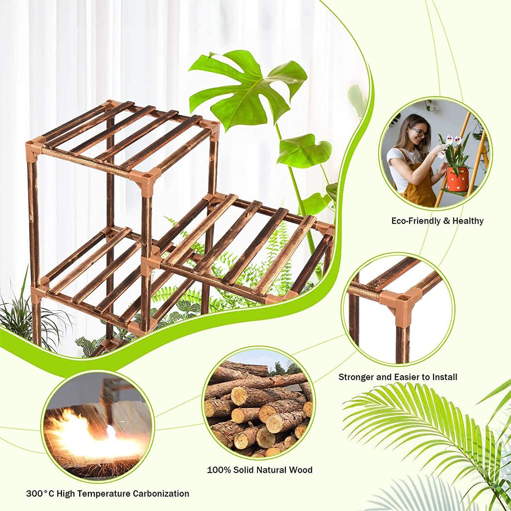 HASTHIP 4 Tier Plant Stand for Balcony and Indoor with 9 Pot Spaces and Off Ground Design | Solid Wooden Rack for Living Room Patio Garden