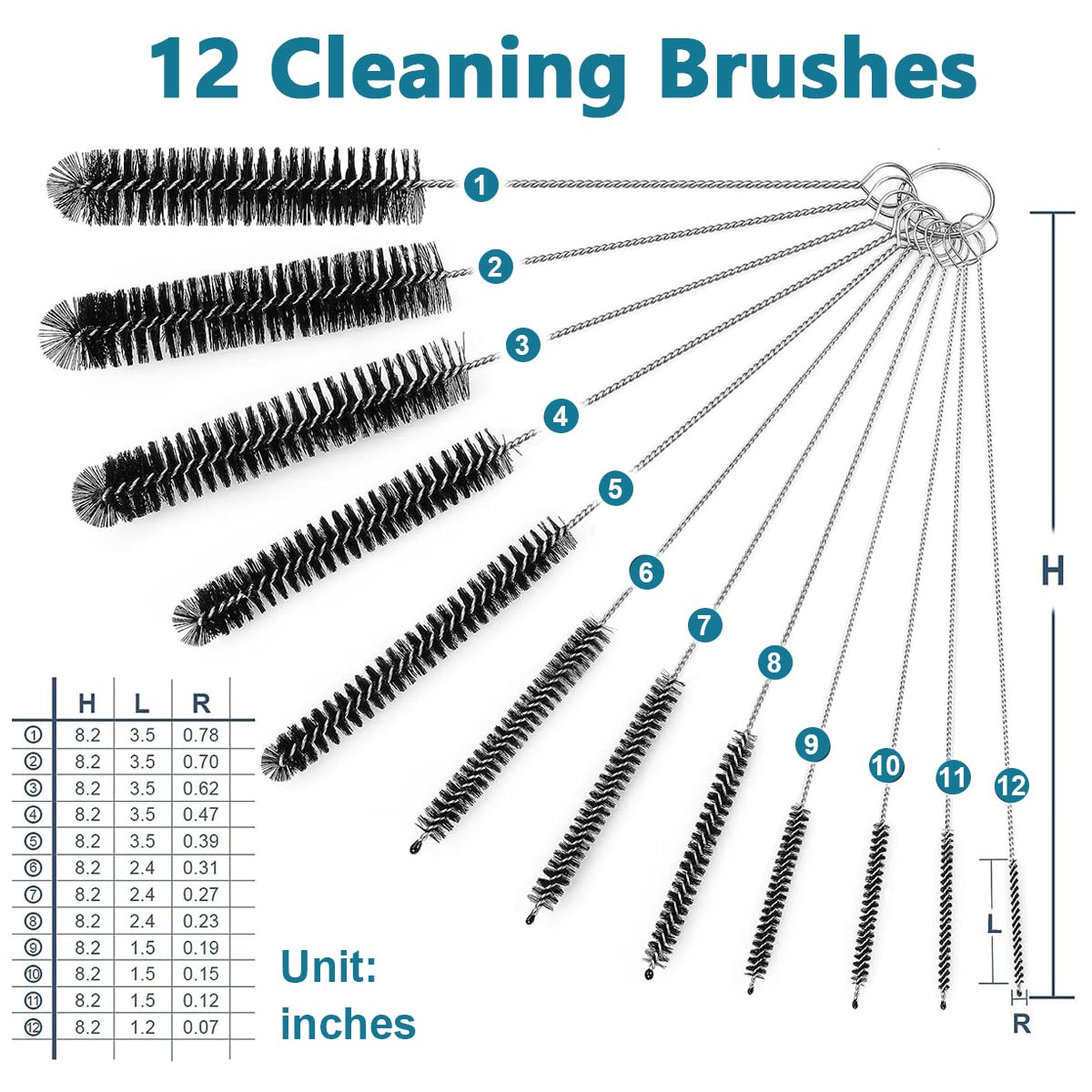 HASTHIP Straw Cleaner Brushes for Bottles and Sippy Cups with Fine Tip | 12pcs 8 in Stainless Steel and Nylon Set