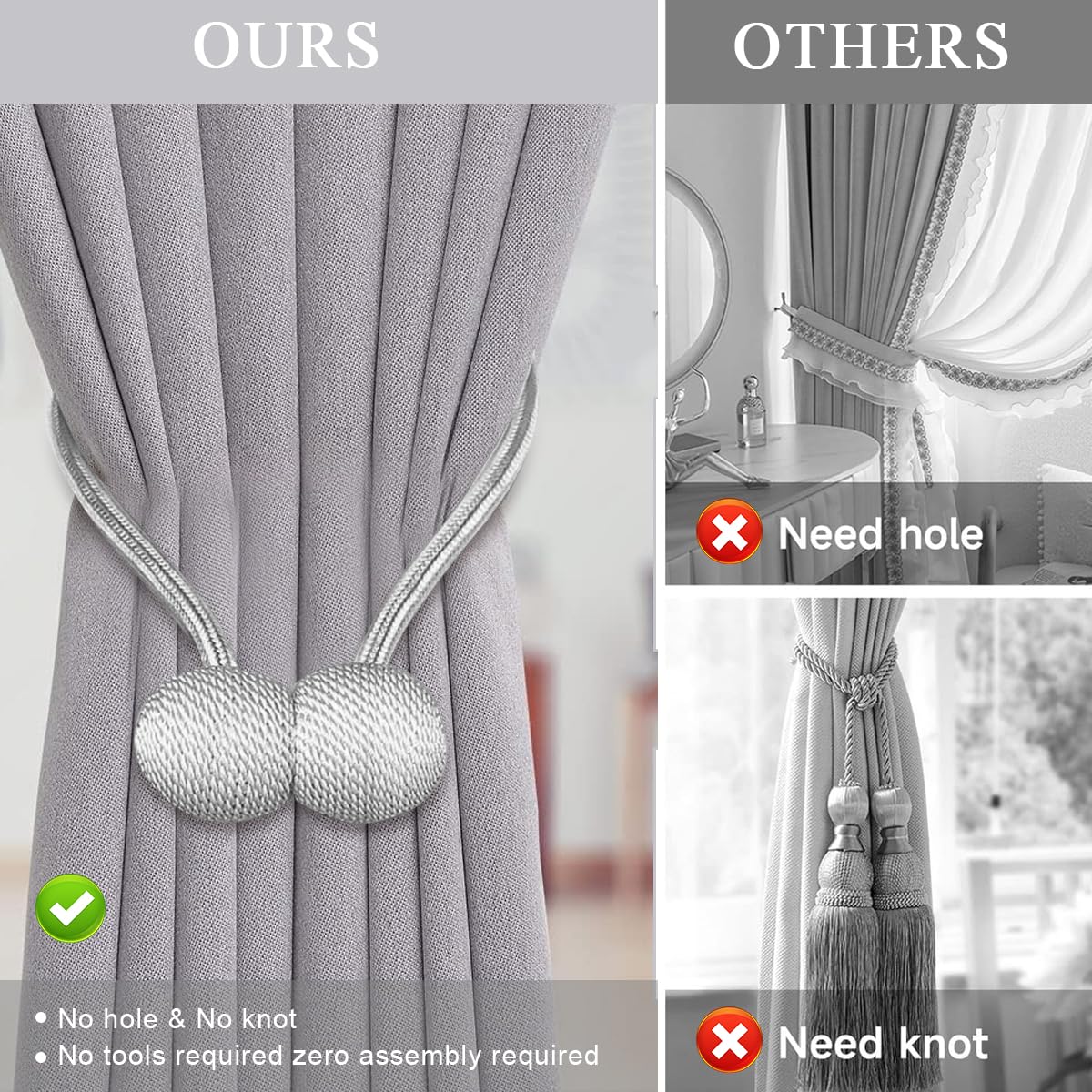 HASTHIP Magnetic Curtain Tiebacks for Home and Office with 40cm Rope and 3.3cm Balls | Grey