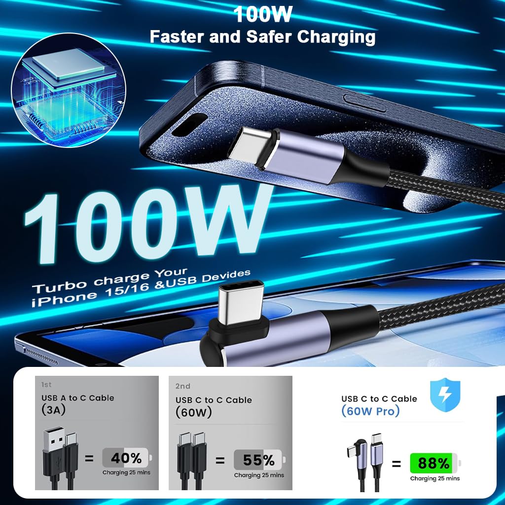 Verilux Type C Charger Cable 9.8 ft for Fast 100W PD Charging featuring 90° Right Angle | Nylon Braided