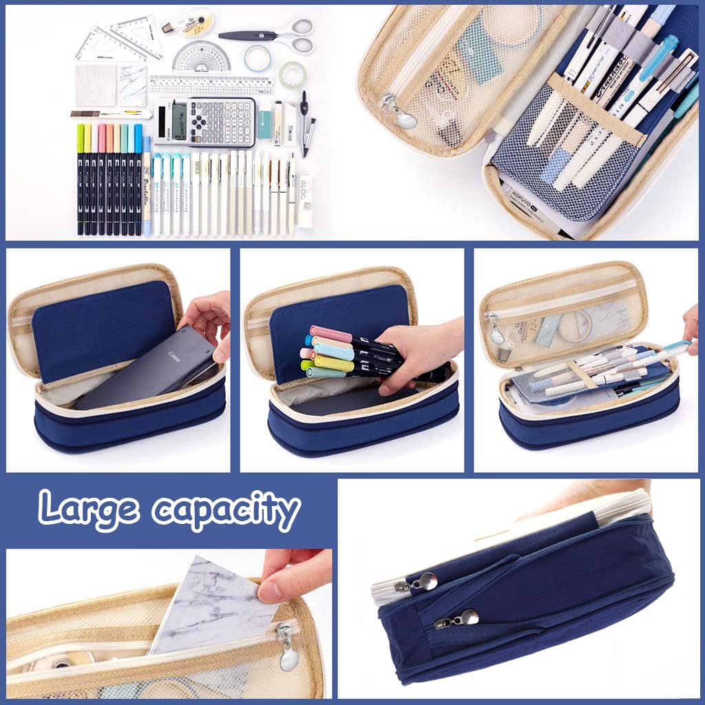 HASTHIP Pencil Pouch for Kids and College Students with Double Zipper | 22x11cm Nylon Case in Navy Blue & Khaki Black