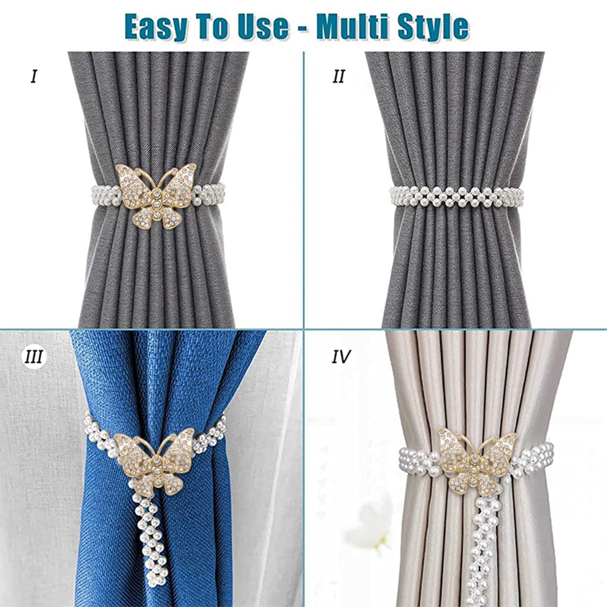 HASTHIP 2pcs Curtain Tie Backs Metal TieBacks with Classy Small Pearl Elastic Rope Curtain Holders Tieback for Home Office Hotel Window Drape Decor (Gold)