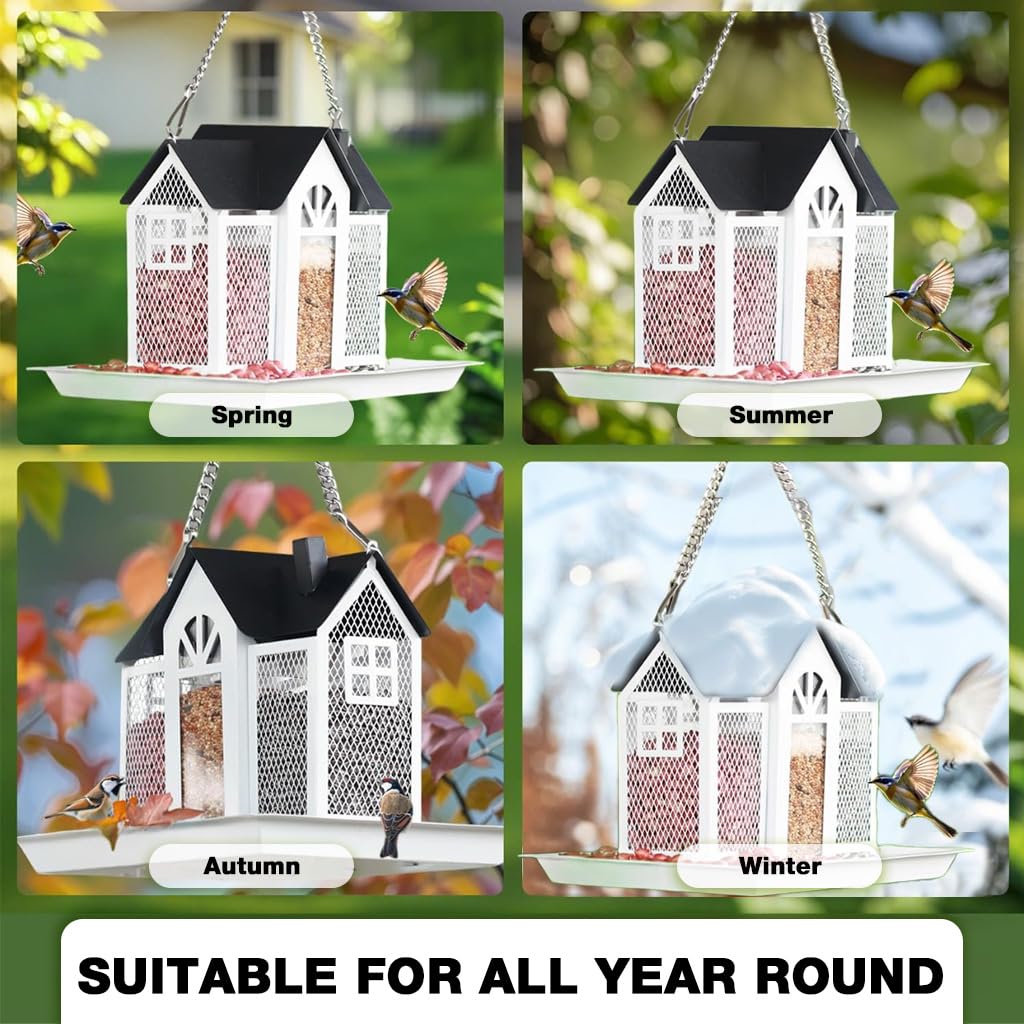 ZIBUYU Hanging Bird Feeder for Tree with 3 Compartment Metal Hut Design and Roof | Decorative Outdoor Feeder for Gardens and Patios