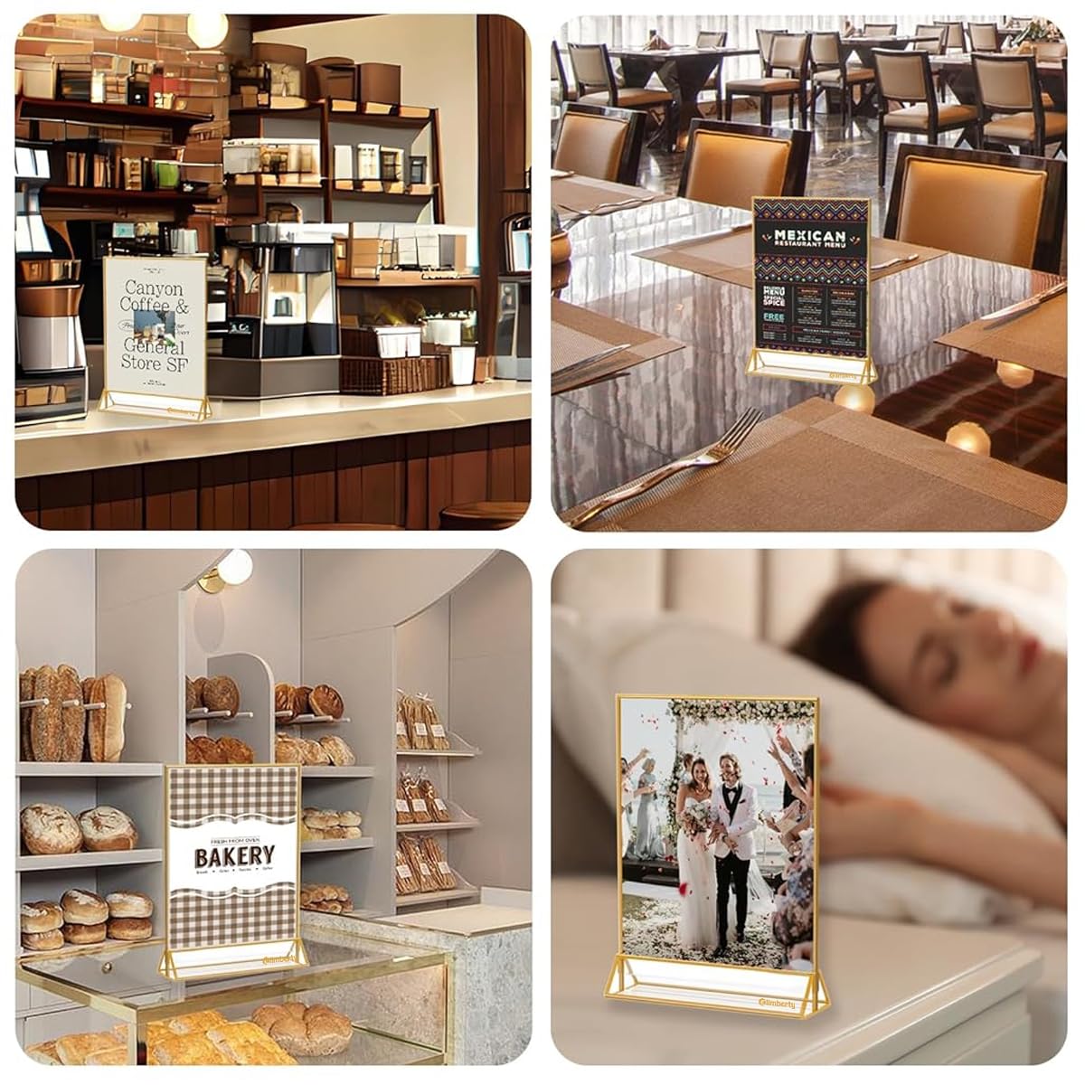 Climberty Acrylic Gold Sign Holder for Restaurant Menus and Office Displays | 4 Pack A4 Double Sided Clear Stand