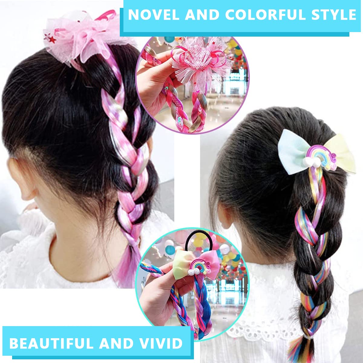 SANNIDHI Hair Extensions for Kids with Rubber Band Bows and Glitter Braids | 6PCS Synthetic Ponytails