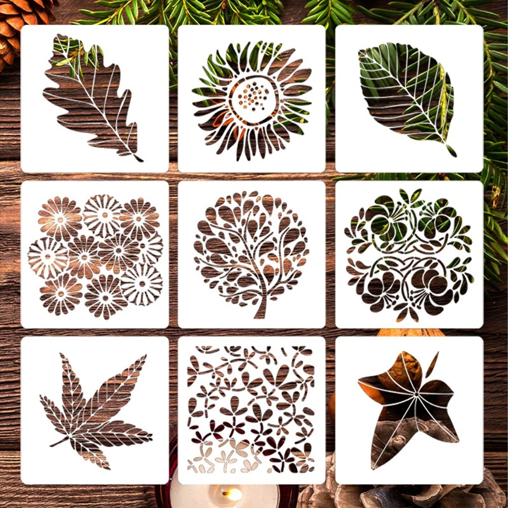 PATPAT 9 Pcs Reusable Stencils Tropical Leaf Stencils Laser Cut Painting Template Painting Stencil for DIY Walls Art Scrapbook