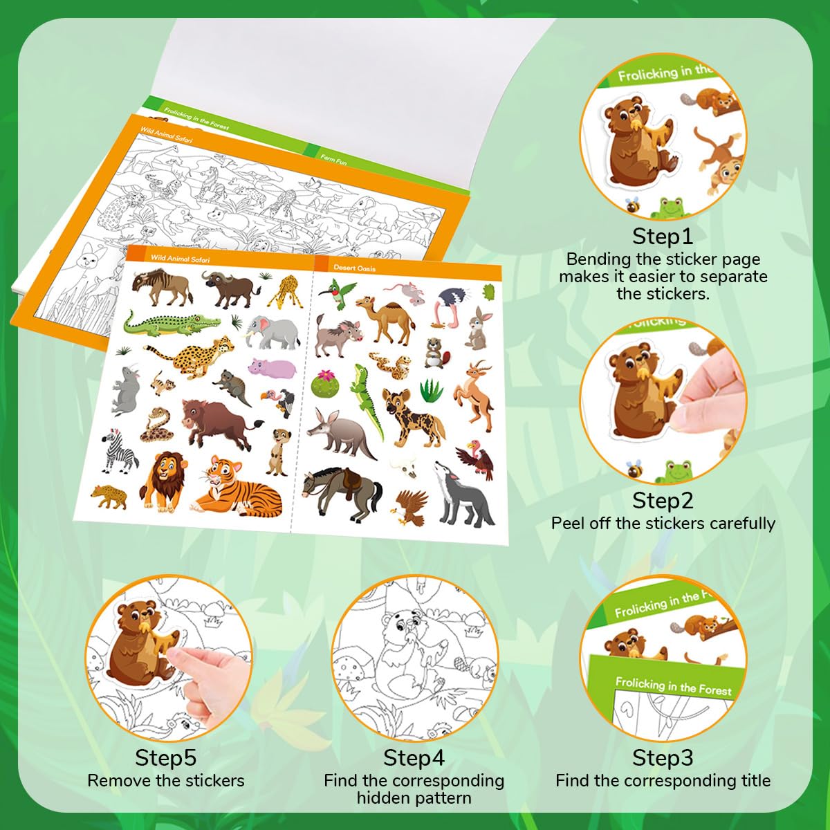 PATPAT Cartoon Jungle Animal Sticker Book for Kids with Seek and Find Pages | Educational Fun