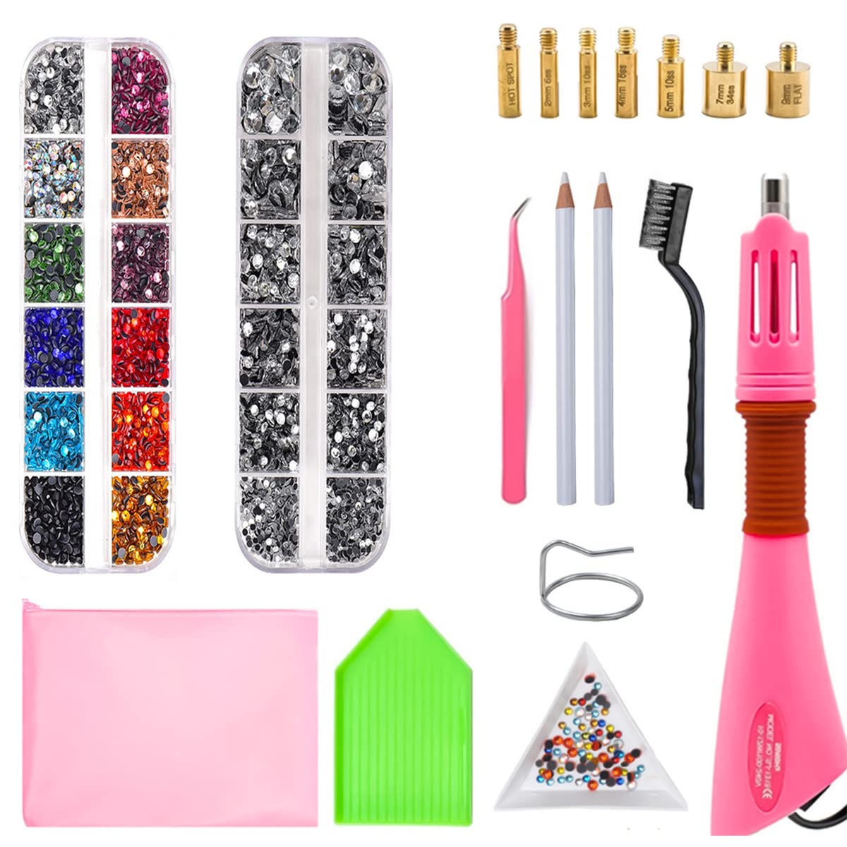 HASTHIP® Hotfix Rhinestone Setter, Applicator ToolKit, Hot Fixed Wand Kit, Includes 12 Colors of Rhinestone and 1 Box White Rhinestone, Hot Melt Tool with 7 Sizes Metal Hot Melt Bit, Trays, Zip Bag