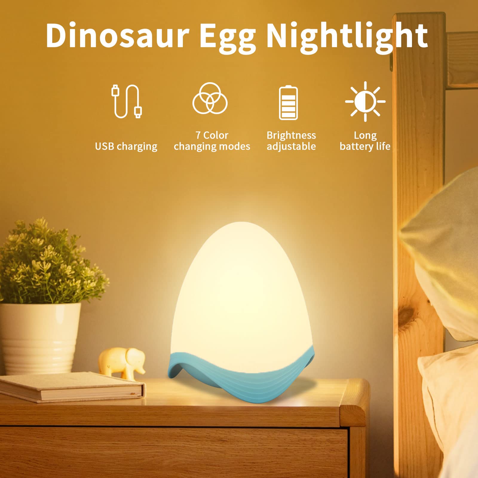 ELEPHANTBOAT® Kids Night Light Dinosaur Egg Night Lights for Bed Room 7 Color Changing Cute Night Light Rechargeable USB Night Light Desk Lamp Nursery Night Light for Boys Girls Bedroom