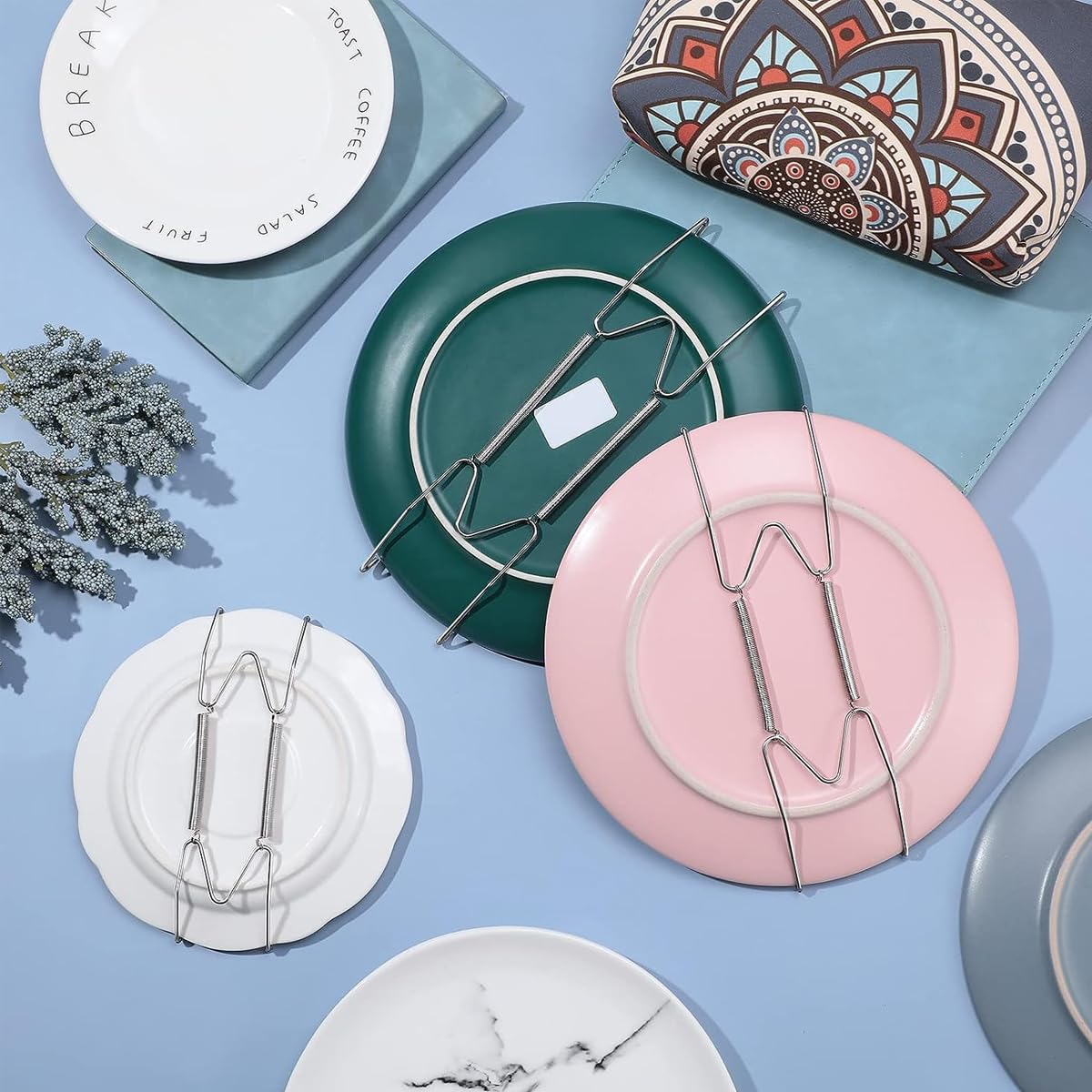 HASTHIP Invisible Wall Plate Hangers for Decorative Plates with 4 Claw Spring Hooks | 12Pcs Stainless Steel Silver Set for 6 8 10 Inch Plates