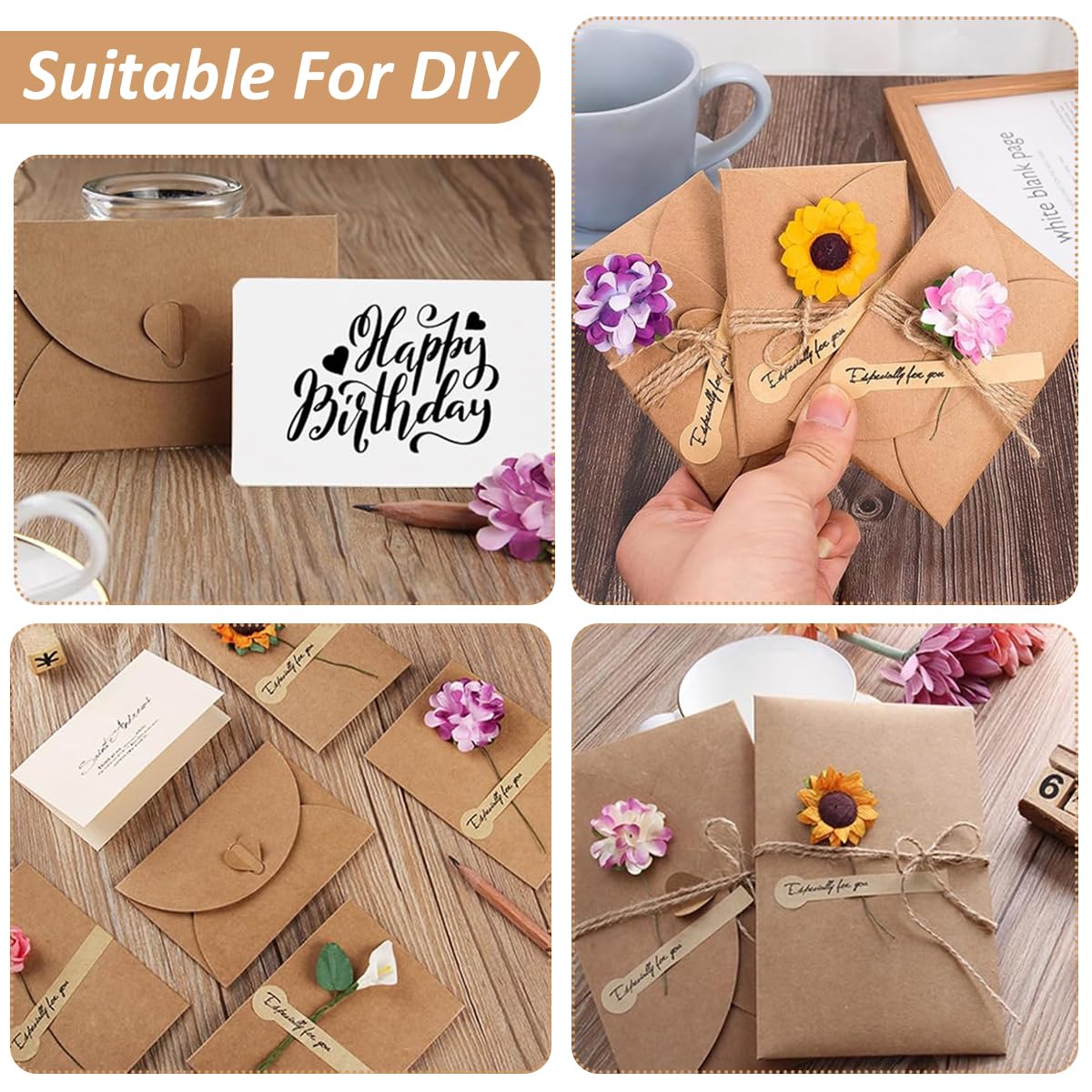 OFIFO Envelopes Set for Greeting Cards and Invitations with 50 Blank Cards 4.1x2.7 in | Light Brown Paper