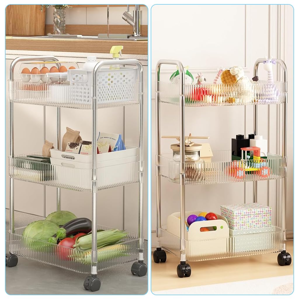 HASTHIP Acrylic 3 Tier Home Organizer for Bathroom and Kitchen with Locking Wheels | Transparent Storage Cart Featuring 36x23cm Baskets