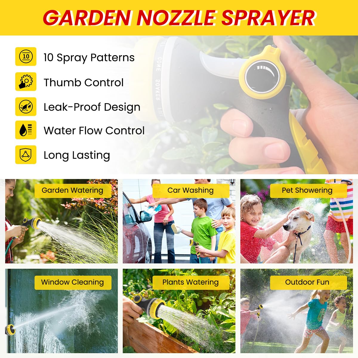 Serplex® Hose Nozzle Sprayer with Multi Sprayer Adapters Gardening Hose Nozzle Sprayer with 10 Spray Modes Water Saving Hose Nozzle Sprayer Universal Hose Nozzle Sprayer for Irrigation, Car Washing