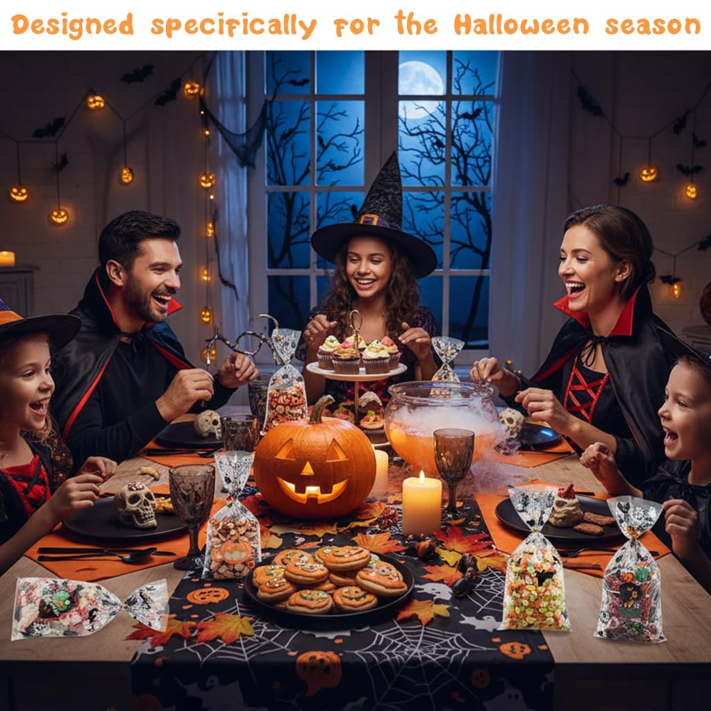 HASTHIP Halloween Goodie Bags for Party Treats featuring 100 Pack 5.1×10.6 in Size with Golden Twist Ties