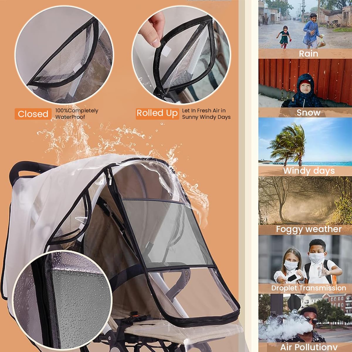 Universal Baby Stroller Rain Cover with Clear Zip Front and Waterproof Oxford Cloth | Foldable Dustproof Protection