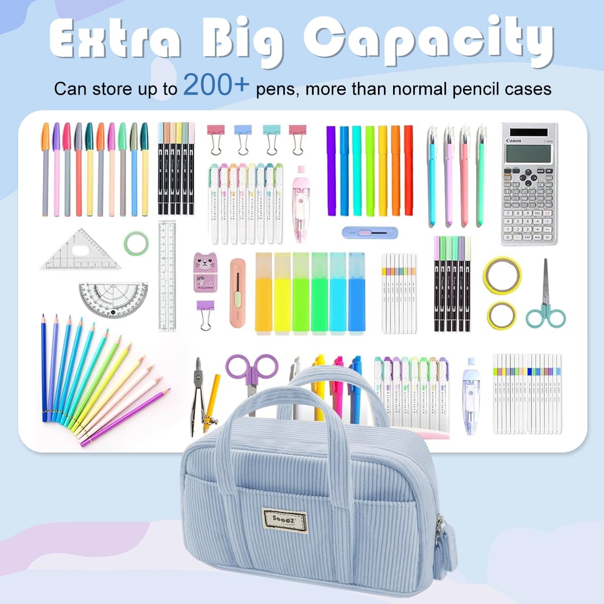Climberty Pencil Pouch with 5 Compartments and Portable Handle, 9.05×7.4×2.8 in Corduroy Case for Girls Boys | Blue School Supplies Organizer