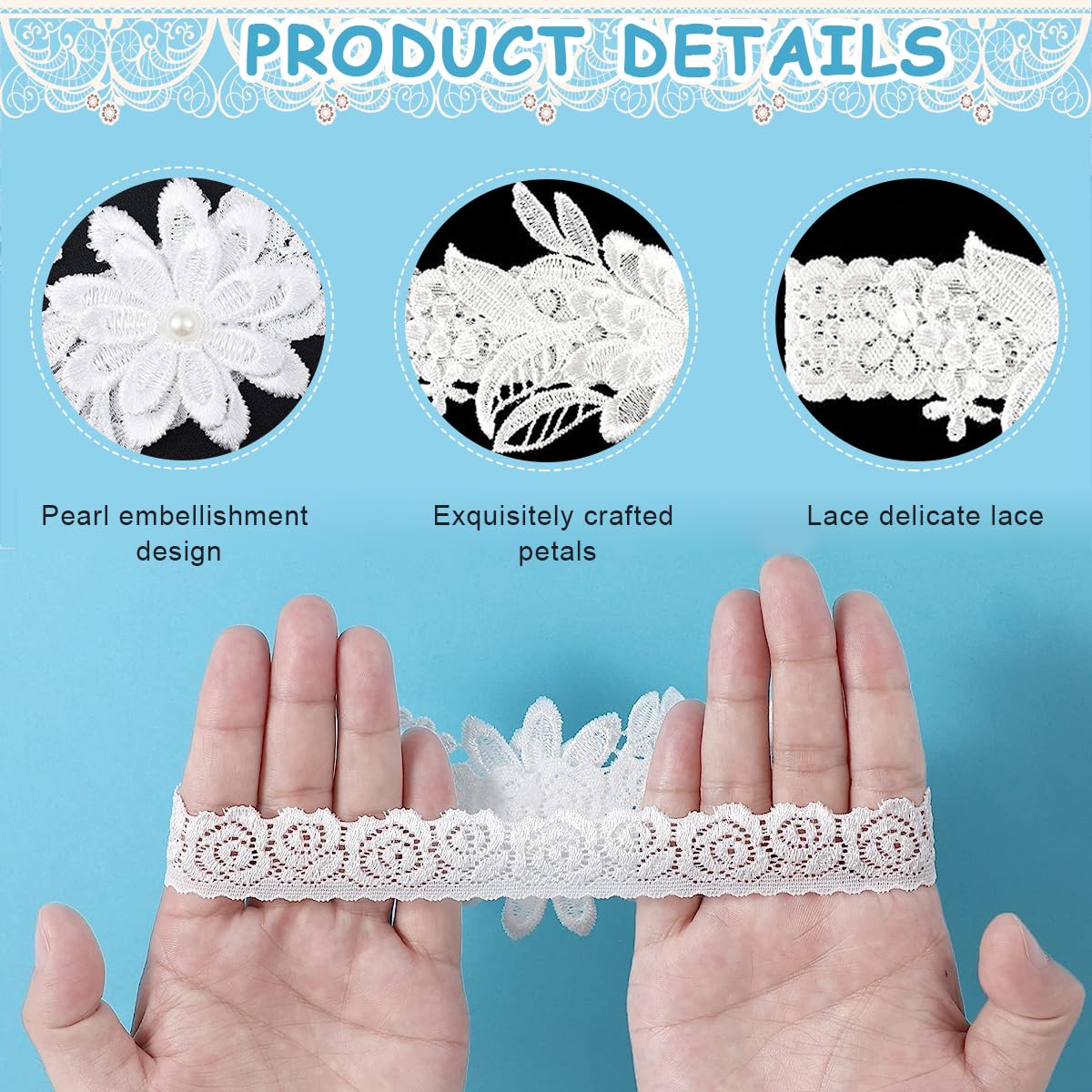 PALAY Lace Wedding Garters for Bride featuring Daisy Applique with Faux Pearl | 2pcs White Stretchy Set