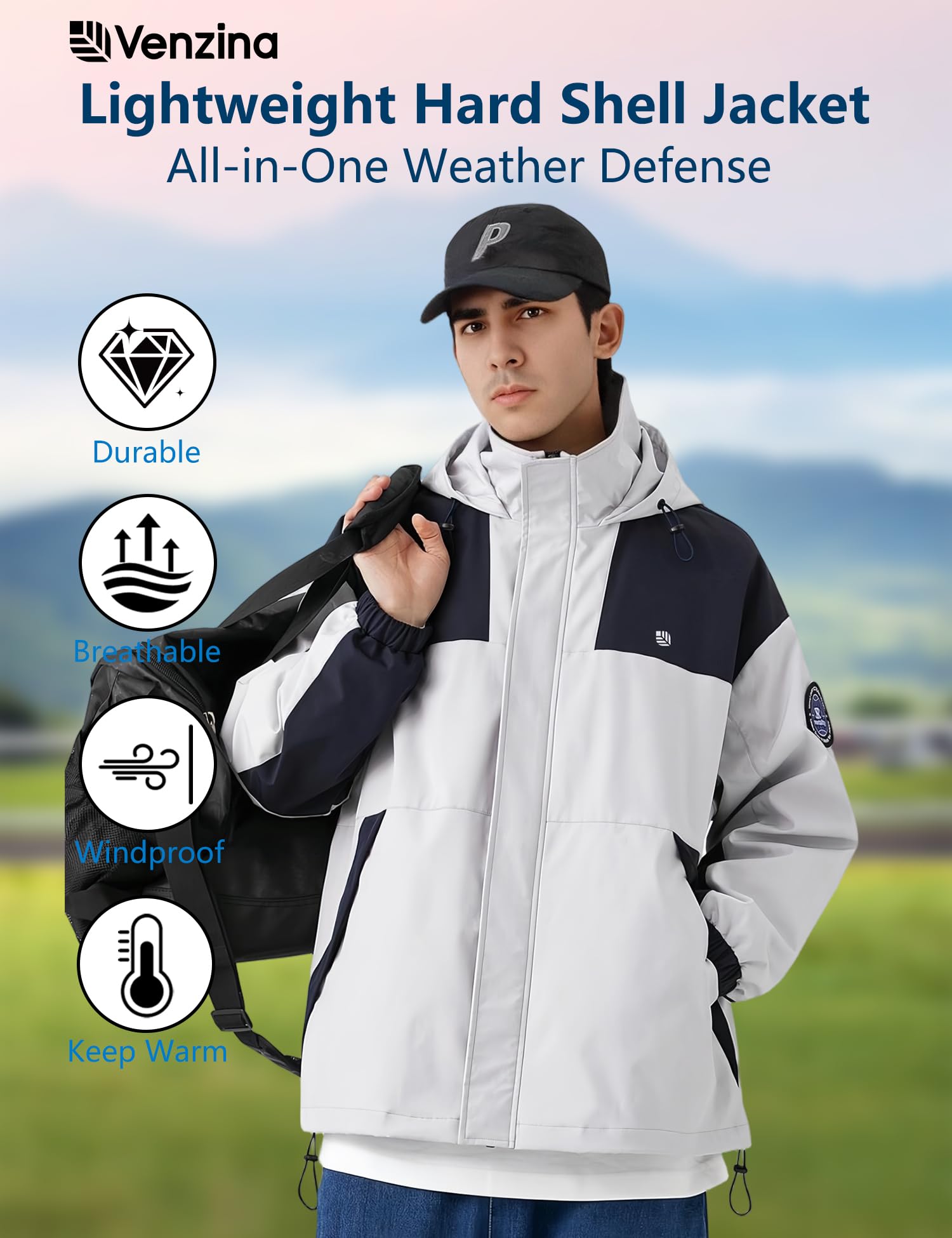 Venzina Men's Tech Wear Jacket for Urban Outdoor Style with Waterproof Windproof Shell | Light Gray Hooded Design