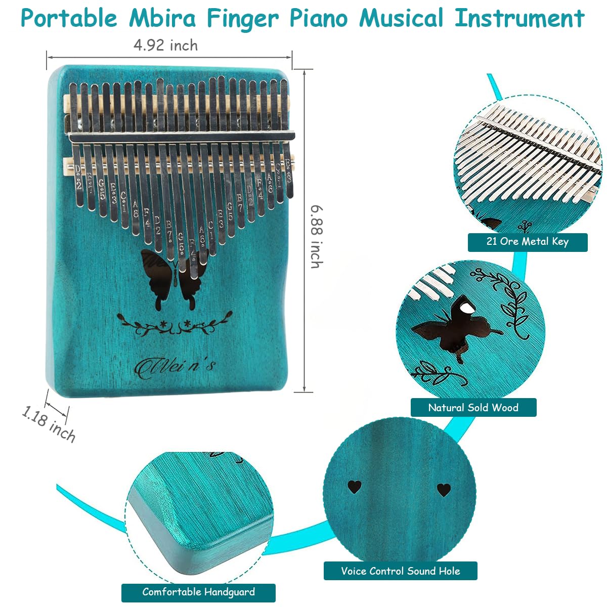 ELEPHANTBOAT Kalimba Thumb Piano for Beginners with 21 Keys and Butterfly Engraved Design