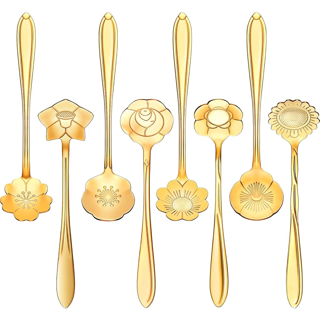 HASTHIP® 8 Pieces Flower Spoon Coffee Teaspoon Set, 410 Stainless Steel Tableware, Reusable Sugar Spoon Tea Spoon Stir Bar Spoon Stirring Spoon, 8 Different Patterns (Golden)