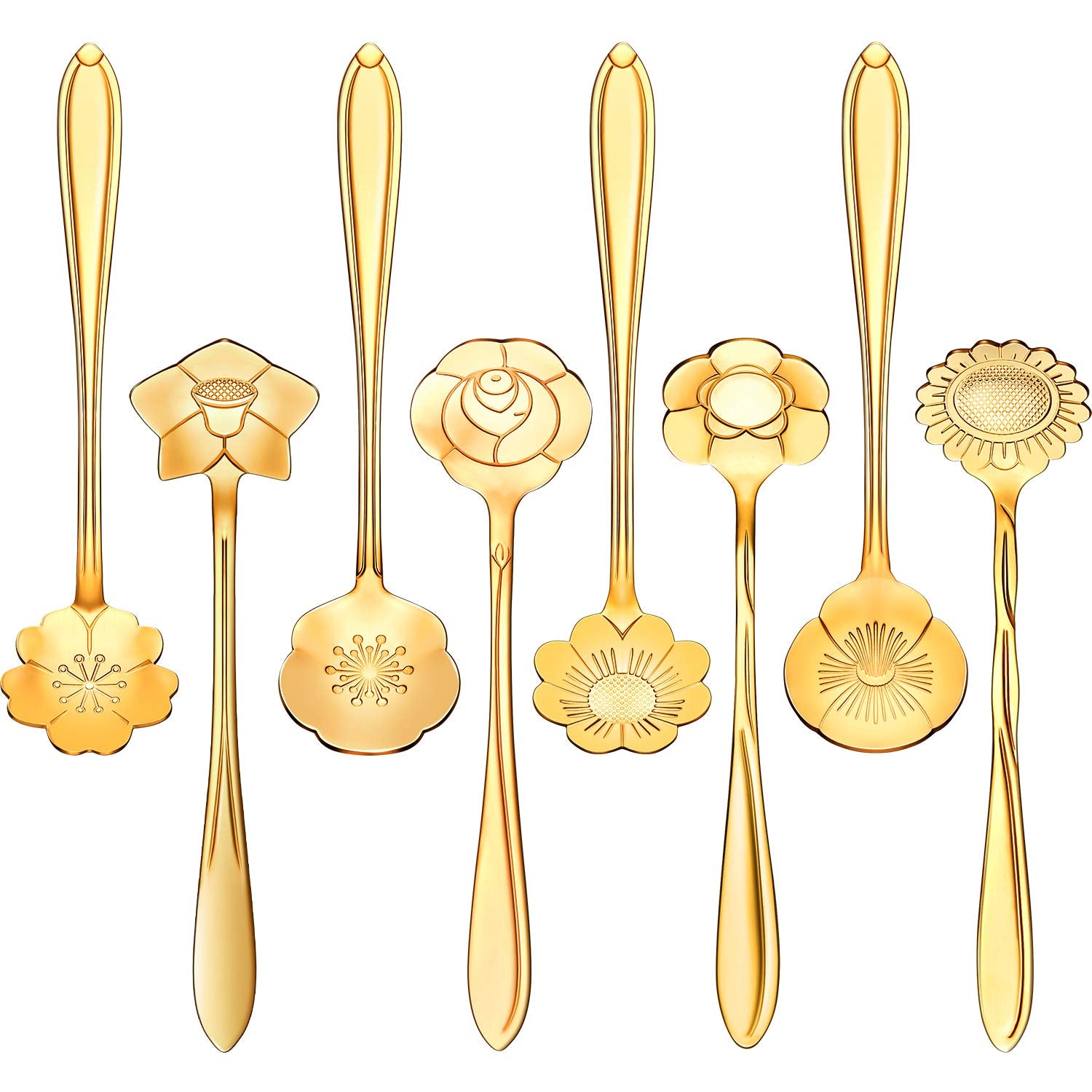 HASTHIP 8 Pieces Flower Spoon Coffee Teaspoon Set, 410 Stainless Steel Tableware, Reusable Sugar Spoon Tea Spoon Stir Bar Spoon Stirring Spoon, 8 Different Patterns (Golden)