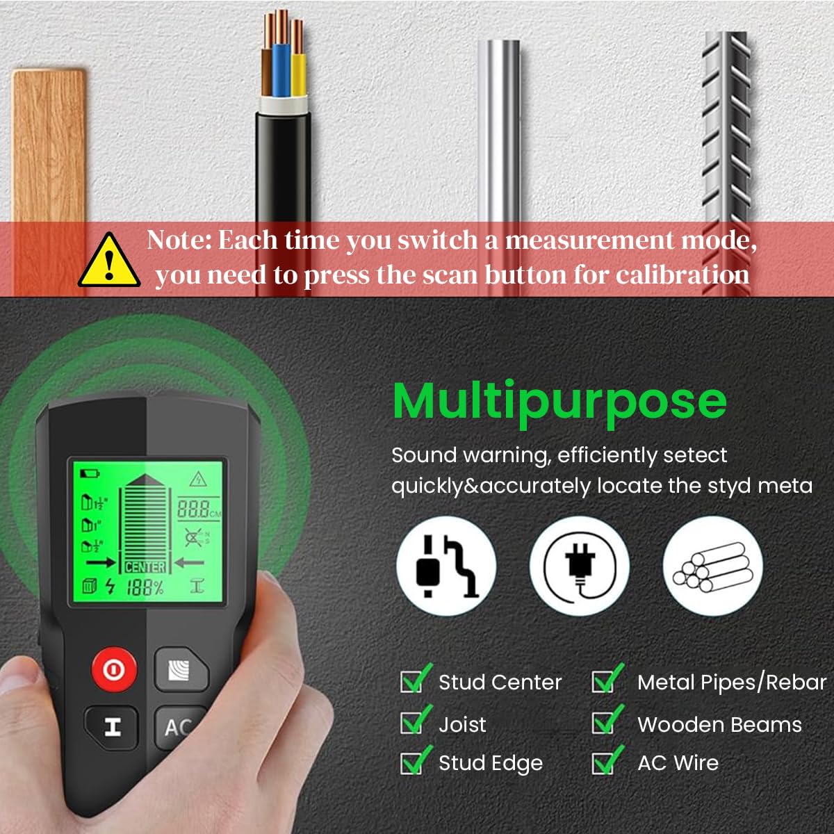 Serplex® 5 in 1 Stud Finder Wall Scanner Smart Stud Sensor with LCD Display & AC Wire Warning Metal Detector on Wall Precisely Locating Metal, Wood, AC Wire, Studs, No Battery