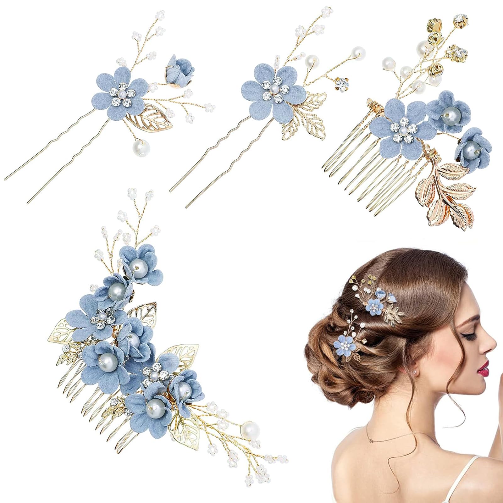 PALAY® Hair Accessories for Women Wedding Flower Bridal Hair Pins Stylish Pearl Side Comb Hair Clips Vintage Headpiece Juda Bridal Hair Accessories for Women, Girls - Blue