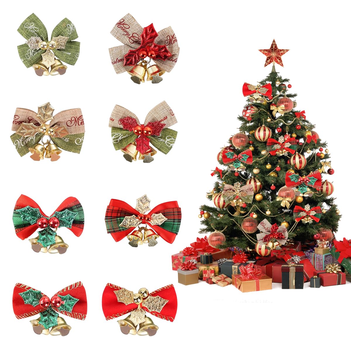 HASTHIP Christmas Bows with Bells for Tree and Gift Decor featuring Linen Ribbon | 8PCS