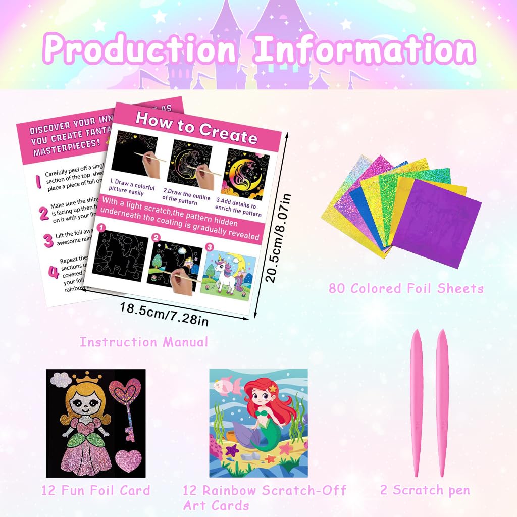 PATPAT DIY Foil and Scratch Kit for Kids with 12 Art Sheets and 80 Glitter Papers | 2 in 1 Creative Craft Set