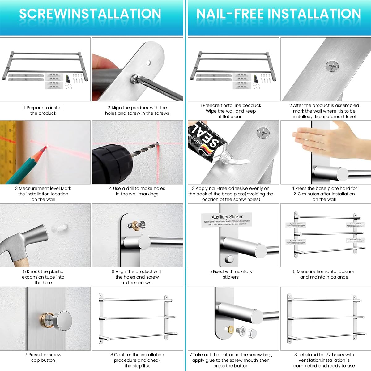 HASTHIP Stainless Steel Towel Rack for Bathroom with 3 Tier Ladder Design and 23.6 in Rod | Wall Mounted Organizer for Quick Dry Towels