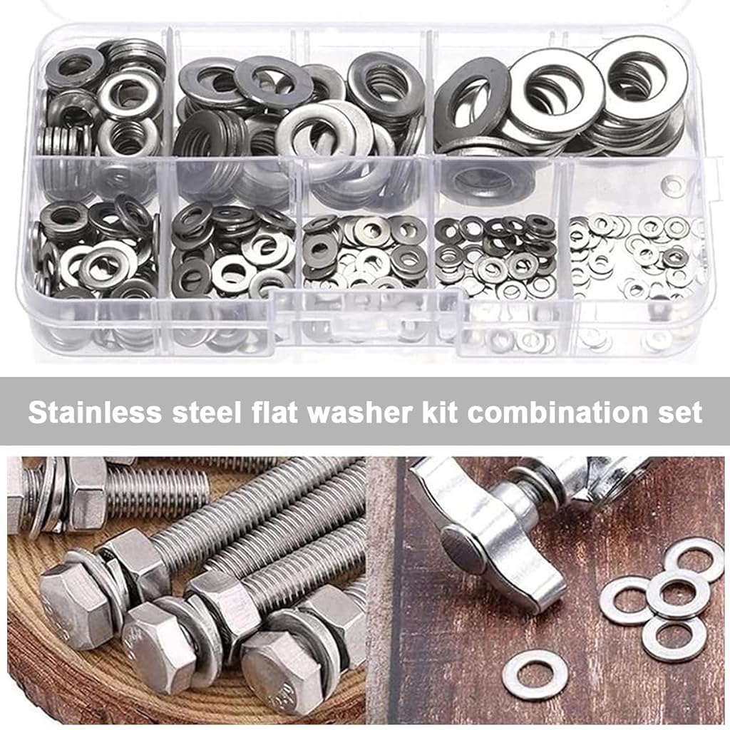 Serplex® 360PCS 304 Stainless Steel Flat Washers for Screws Bolts Fender Assortment Set Assorted Hardware Lock Metal Kit 9 Sizes M2 M2.5 M3 M4 M5 M6 M8 M10 Home Factories Repair
