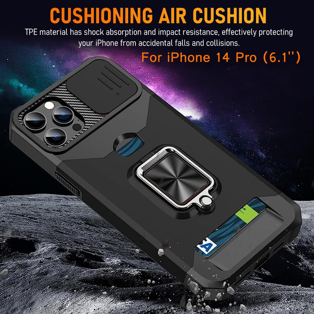 ZORBES Phone Case for iPhone 14 Pro 6.1 inch with Sliding Camera Cover and Folding Ring Grip | Hidden Card Slot TPU Anti Scratch Black