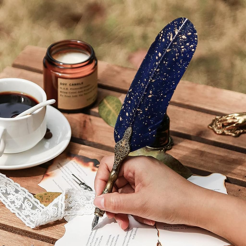 HASTHIP Vintage Feather Pen Set for Calligraphy with 2 Nibs and Stand Base | Blue Ink